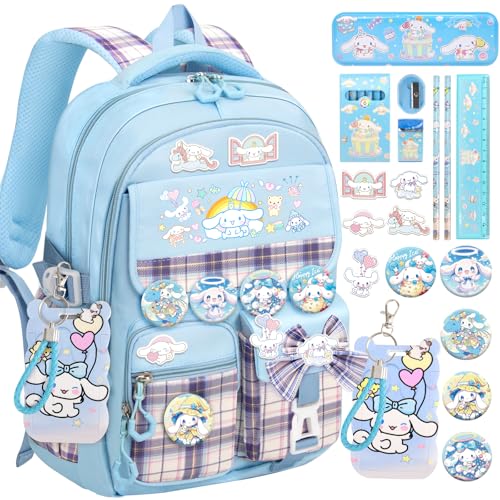 KIEAL 16.5/19IN School Backpack for Girls with 24Pcs Accessories, Anti-Theft Kids Backpack for Students, New Semester Presents with Pins and Card Holder