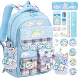 KIEAL 16.5/19IN School Backpack for Girls with 24Pcs Accessories, Anti-Theft Kids Backpack for Students, New Semester Presents with Pins and Card Holder