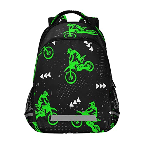 Vozoza Green Motocross Sport Backpack for Girls Kids Boys School Bookbags, Student Laptop Backpack Carrying Bag Casual Lightweight Travel Sports Day Packs