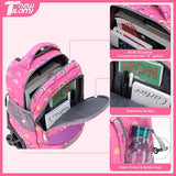 NEW TILAMI 16 Inch Rolling Backpack with Lunch Bag for Kids Adjustable Handle Carry-on Suitcase Wheels for Girls Boys School Travel Camping, Pink Rainbow Unicorn