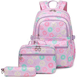 Joyfulife 3Pcs Donut Backpack for Girls Backpack with Lunch Box Set Kids Bookbags Primary School Bags Daypack Elementary Students Knapsack for Teen Student