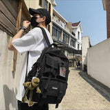 MININAI Aesthetic Backpack with Cute Frog Pendant for Women Men Preppy Laptop Backpack Japanese Harajuku College Backpack (Black,One Size)