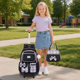 Bevalsa Rolling Backpack for Girls, Roller Backpack with Wheels, Cute Bow Wheeled School Bookbag Set with Lunch Bag & Pen Case, Suitcases for Kids Teens Elementary Middle Student (Black Pink)