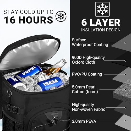 NECKORY Cooler Backpack, Lightweight and Large Capacity Soft Backpack Cooler, Leak Proof Bag for Men Women, Waterproof Insulated Lunch Bag Portable for Camping Traveling Hiking Office (Black)