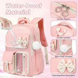 GeeWin Girls Backpack for School with Lunch Box & Pencil Case Set, 17 Inch Waterproof Cute Bow Girls Bookbag for Kids, Teens, Elementary Middle High College School Student (Pink/Beige)