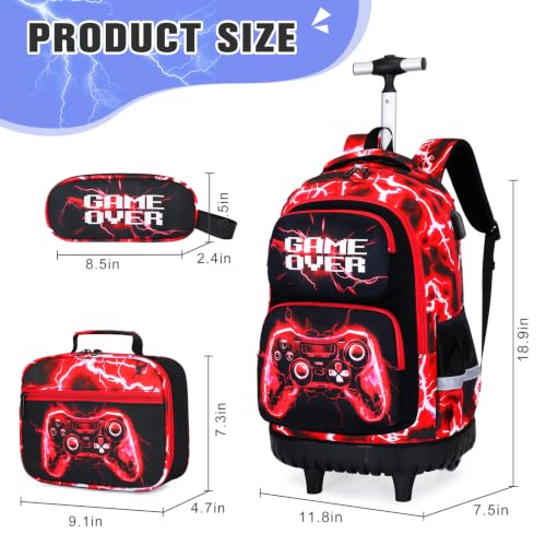 Bevalsa Rolling Backpack for Boys, 3PCS Gamer Roller School Backpacks