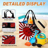 Japanese Chariot Flag Mesh Beach Bag, Red Black Flag Abstract Large Tote Bag for Swim Pool Beach Travel