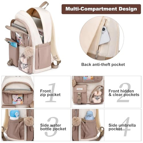 FIUAIE School Backpack for Teen Girls Bookbag: Cute 15.6 Inch Backpacks for Kids Middle High School BookBags Durable Laptop BackPack for Women Student Casual Daypack for Travel Khaki Beige