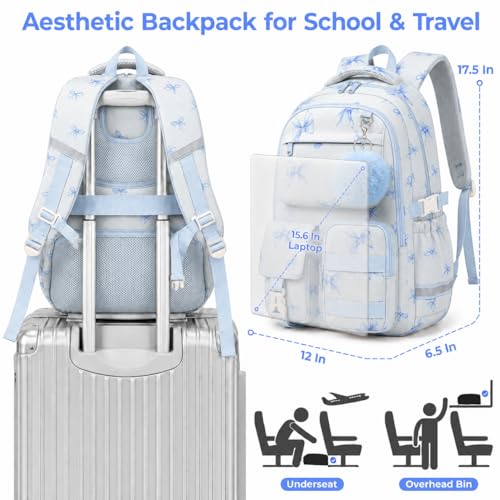 WOBAGMEN Cute Bow Backpack for Teen Girls, Large Capacity Multi-Pocket School Bag Fits 15.6" Laptop, Lightweight Durable Daypack for School and Travel (Blue Bow, M)