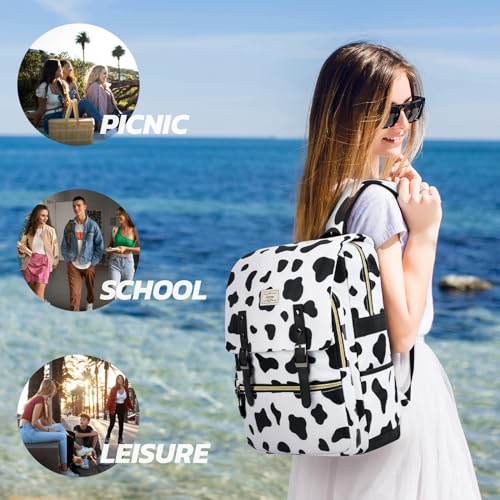 Ronyes Vintage Backpack for Women Men, Laptop Backpack 15.6 inch Bookbag Casual Daypack for Work, White with Cow Pattern