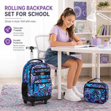 gxtvo Rolling Backpack for Women, Adults Wheeled Bookbag with Lunch Box for Girls, Water Resistant Roller School Bag for College Teens Kids Travel - Purple Flower