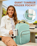 LOVEVOOK Laptop Backpack for Women with Giant Tumbler Holder 15.6 inch,Designer Travel Backpack Laptop Bag College Backpack,Quilted Work Nurse Teacher Backpack Purse Computer Bag Daypack,Mint Green