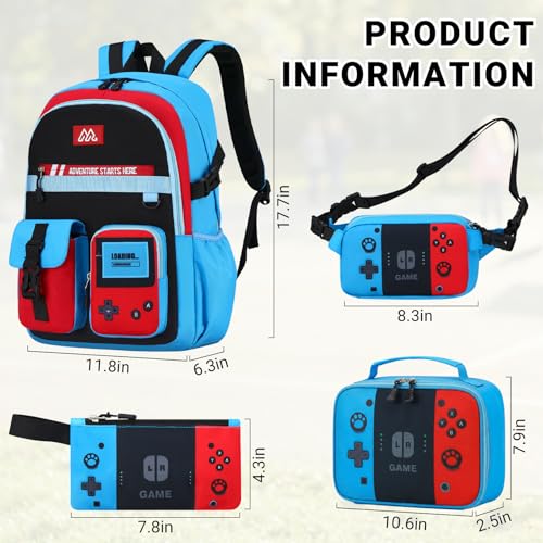 TILYTADLY School Backpack for Boys - 4PCS Gamer Boys Backpack with Lunch Box Set for Elementary Middle School - Students Bag for Ages 6-18,18″ Video Game Bookbag Travel Back Pack