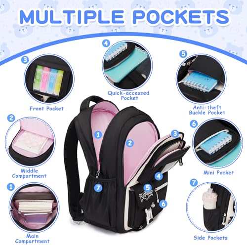 PIG PIG GIRL Kids Backpack for Girls - School Bags for Middle School Students - Book Bag for Elementary Primary - Kawaii Ita Backpack - Black and Beige