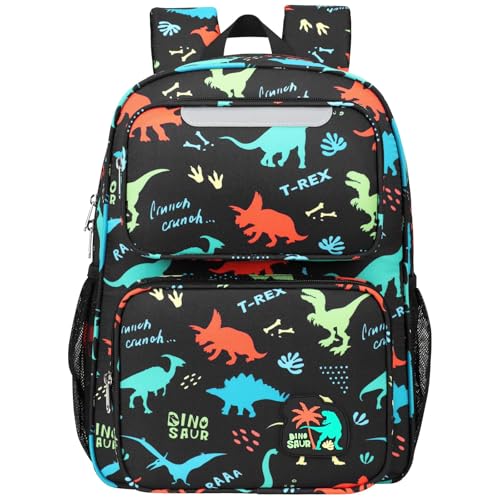 BrainyBees Kids Backpack for Boys Kindergarten - 15 Inch Sturdy School Bookbag Fits Folder, Dinosaur Backpack for Kids 4-7 with Leakproof Insulated Pocket for Lunch and Snacks, Black