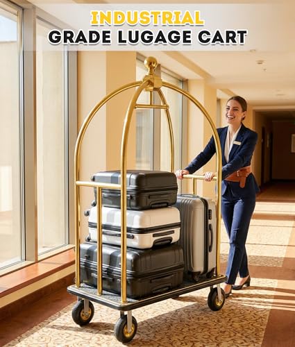 Hotel Luggage Cart 1300 LBS, Bellman's Cart with Brushed Stainless Steel & 8-inch Rubber Wheels, Valet Cart with Grey Carpeted Deck for Hotels, Condos, Resorts