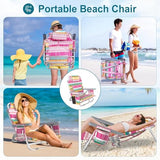 Suteck Beach Chair, Adjustable 5-Position Backpack Beach Chairs for Adults Kids, Foldable Lay Flat Chair with Cooler Bag, Cup Holder and Lumbar Pillow, Reclining Lay Down Chairs (1, Rainbow Pink)