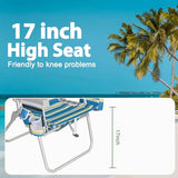 Romswi Tall Beach Chair Extra Wide for Adults, 17" High Seat Backpack Beach Chair with Cooler Bag, Cup & Phone Holder, 5-Position High Back Reclining Chair with Towel Bar & Zipper Pocket, Blue Stripes