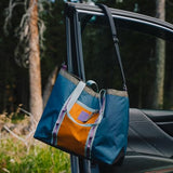 Topo Designs Mountain Utility Tote, Grab and Go Bag with Removable Shoulder Strap, Cinch Top, External Zippered Pocket + Daisy Chain for Clip-Ons, Fair Trade Certified (Midnight/Caribbean)