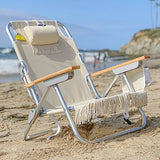 EasyGo Product Tassel Backpack Beach Chair 5 Positions and Cup Holder Pouch on Side-Padded Pillow-Storage Bag on Back – Lightweight Rustproof Aluminum – Black Frame, 2 Pack TAN