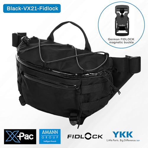 VOTAGOO GEAR X-Pac 7L Sling Bag, Lightweight Crossbody Waist Pack with Fidlock Buckle & YKK Zippers for Commute/Outdoor (Black)