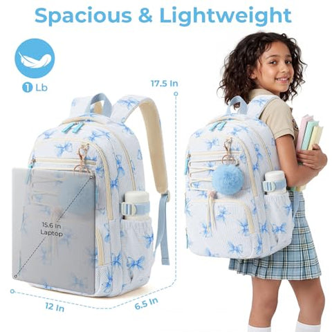 WOBAGMEN Corduroy Backpack for Kids Girls,Cute Aesthetic School Backpack with Multi-Pocket,Lightweight Bookbag Fits 15.6" Laptop,Large Capacity Casual Daypacks for Middle High School College,Blue Bow