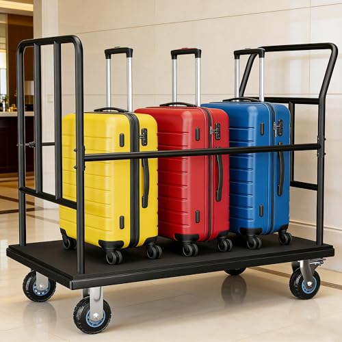 YOHKOH Luggage Cart with Wheels, Hotel Luggage Trolley with Side Elastic Rope & Protective Rails, 5” Quiet Wheels with Brakes, Heavy-Duty Bellman Cart 42.51" W x 25.19" D x 34.25" H Holds 850 lbs