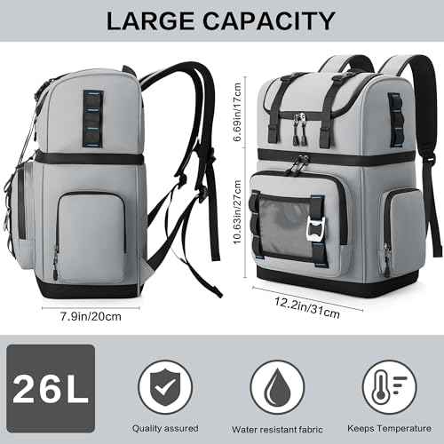 YOUNGOA Large Waterproof Insulated Cooler Backpack for Men & Women, Double Decker Leak Proof for Beach, Camping, Picnic, Travel, 26L Capacity, 44 Cans (Gray)