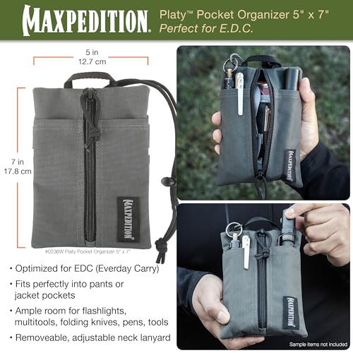 MAXPEDITION Platy Pocket Organizer, Durable EDC Tool Pouch for Men, Neck Wallet with Paracord Lanyard, Holds Flashlight, Multitool, Pen, Notebook (Wolf Gray, 5" x 7")