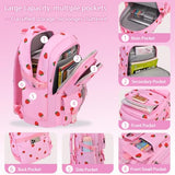 PIKBEAR Girls Backpack Set with Lunch Box & Pencil Case, Floral Print Girls School Backpack for Elementary/Middle/High School (Pink-Strawberry)