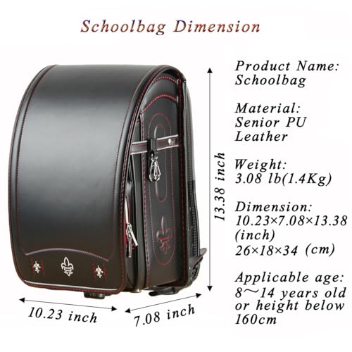 Star-Wind Randoseru Ransel backpack automatic Lock Japanese school bags for primary school students Leather backpacks for kids boys and girls ((Black*Red)