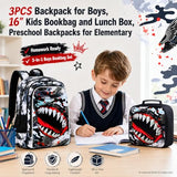 FTJCF 3Pcs Backpack for Boys, 16" Shark Kids Bookbag with Lunch Box, School Backpacks for Elementary Preschool Kindergarten (Black)