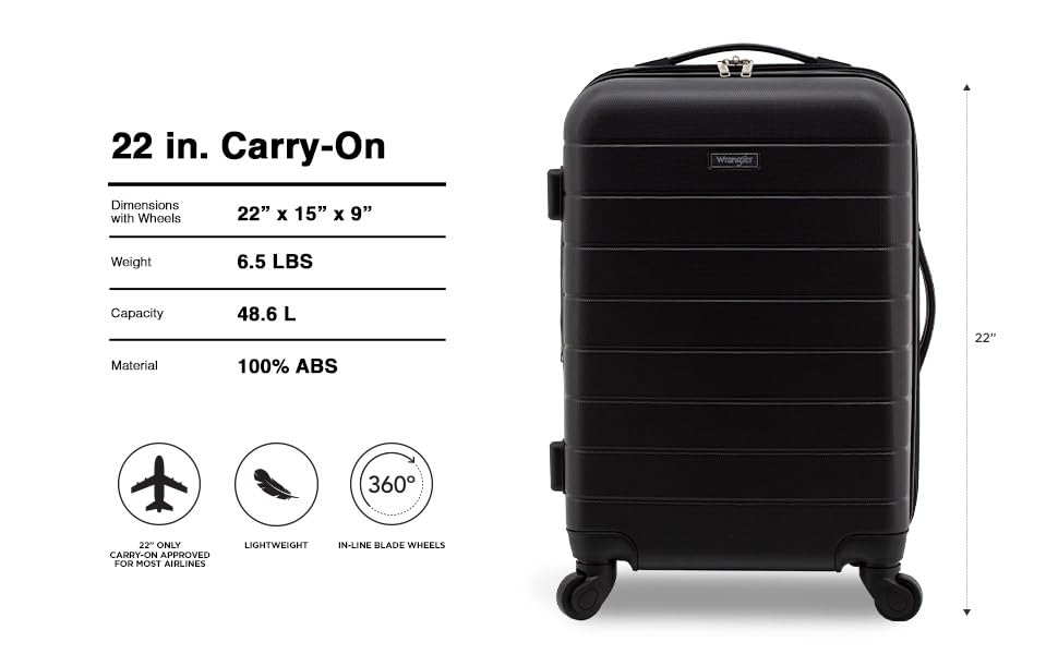 Wrangler Smart Spinner Hardside Luggage, 22-Inch Carry-On, Black