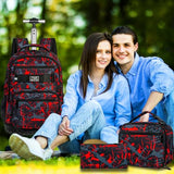 FTJCF 3Pcs Rolling Backpack for Boys, 19 Inche Adults Roller Bag with Wheels, Graffiti Wheeled Bookbag Set for Men(Red)