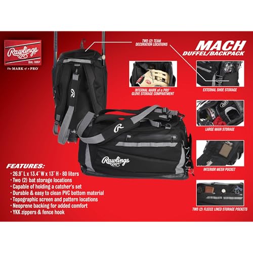 Rawlings | MACH Hyrbid Backpack/Duffle Equipment Bag | Baseball & Softball | Black