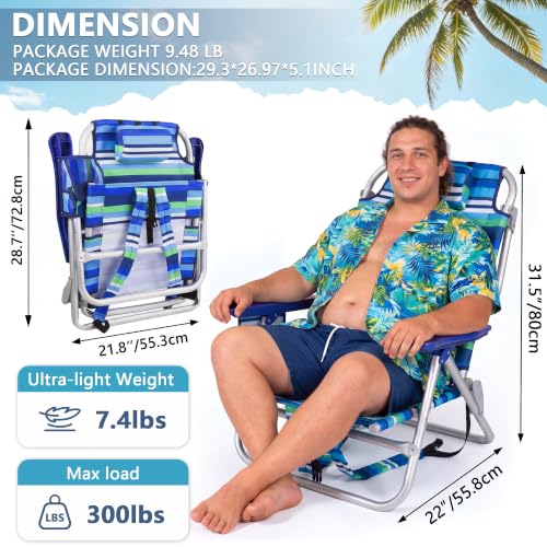 PRETZI Backpack Beach Chairs for Adults - Folding Heavy Duty Camping Chair with Storage Pouch, Cup Holder & Towel Rack, Adjustable Lounge Chair for Outdoor,Travel (1pack /Stripes_Blue&Green)