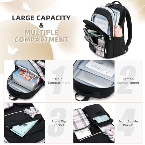 Girls Backpack,3pcs Backpack with Lunch Box Pencil Case Set 15.6 Inch Laptop School Bag Kids Kindergarten Elementary College Bags Large Bookbag for Teen Women Students Casual Travel Daypacks Black