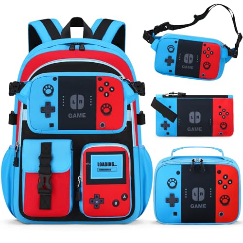 TILYTADLY School Backpack for Boys - 4PCS Gamer Boys Backpack with Lunch Box Set for Elementary Middle School - Students Bag for Ages 6-18,18″ Video Game Bookbag Travel Back Pack
