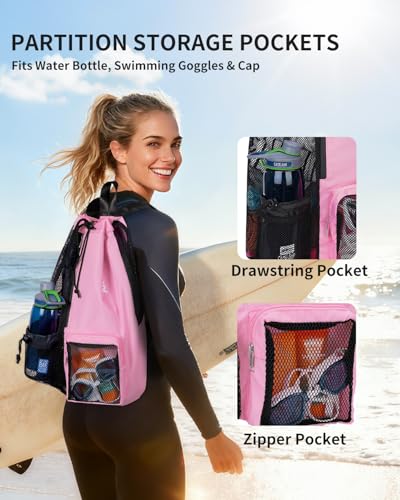 WANDF Swim Bag Mesh Drawstring Backpack with Wet Pocket Beach Backpack for Swimming, Gym, and Workout Gear (Pink)