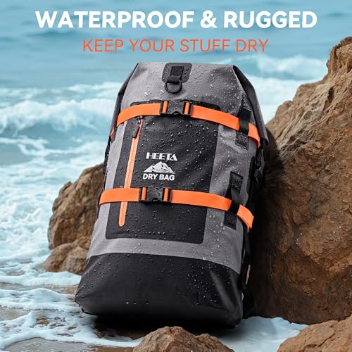 HEETA Dry Bags Waterproof Backpack 40L for Men & Women, Roll Top Heavy Duty Cushioned Hiking Backpack for Kayaking Boating Paddle Boarding Travel Camping Beach Vacation Cruise Ship Essentials, Grey