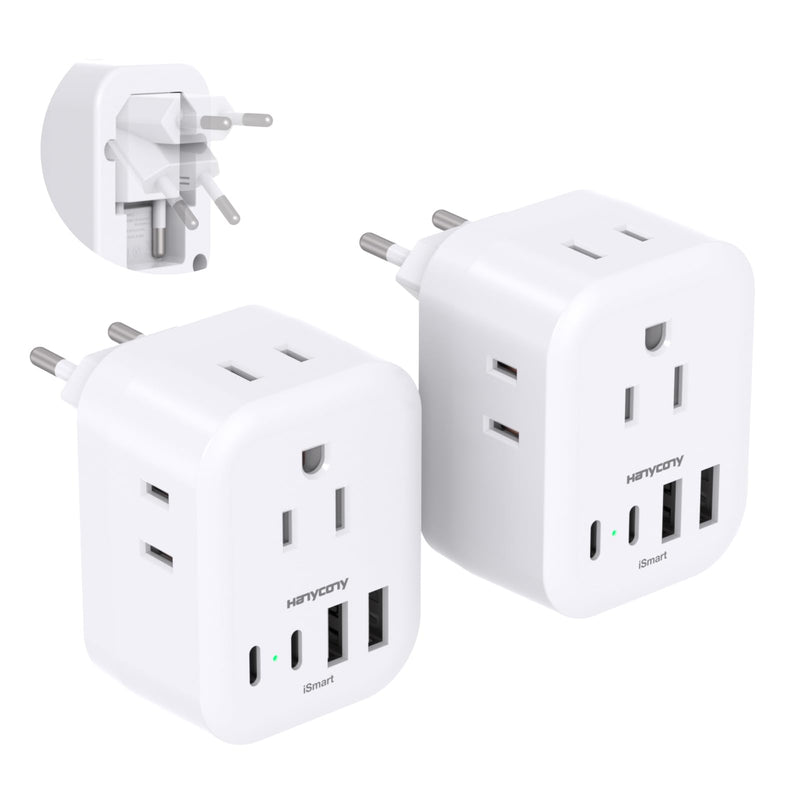 2 Pack European Travel Plug Adapter, HANYCONY International Power Adapter 4 Outlets 4 USB C Ports (2 USB C), Foldable Type C Adapter for US to Most Europe EU Italy Spain Greece Portugal France Germany