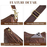 S-ZONE Leather Shoulder Bag for Women Small Crossbody Bags Hobo Purses with 2 Straps (Rose Pattern Dark Brown)