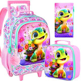 AGSDON 3PCS Kids Rolling Backpack, Girls Roller Wheels Bookbag, Wheeled Elementary School Bag with Lunch Bag - Turtle
