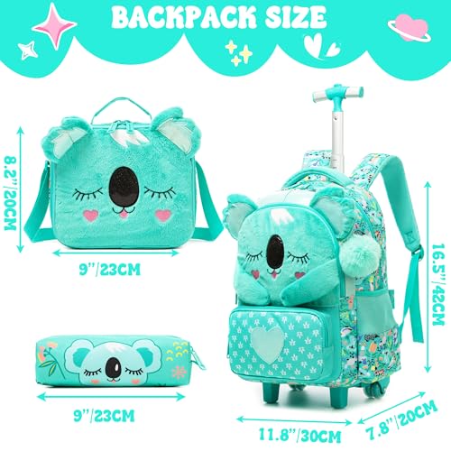 Meetbelify Kids Rolling Backpack with Wheels for Girls Cute koala School Roller Backpack,Carry on Travel Luggage with Lunch Bag and Pencil Case for Girls Ages 5-12