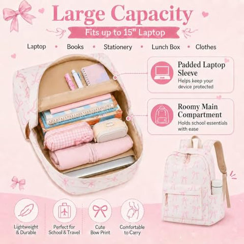LOIDOU Backpack for Girls School Backpacks Bookbags for Elementary Middle School Women Laptop Backpacks (Bow tie Beige, L-17)