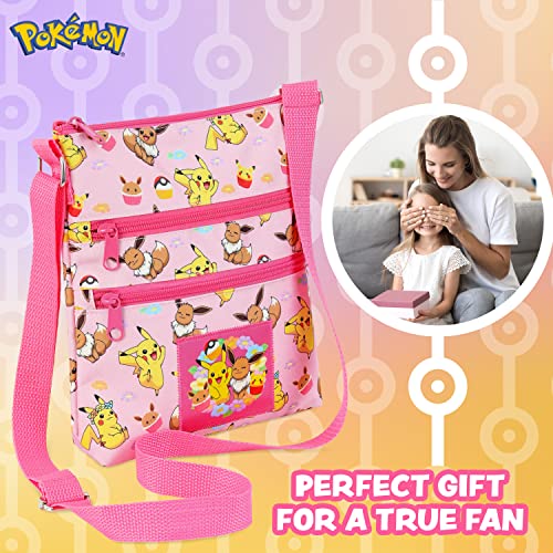 Pokemon Cross Body Bag for Girls Pikachu Eevee Pink Shoulder Bag Kids Girls Accessories Adjustable Strap Bags for Girls Official Merchandise Pokemon Gifts