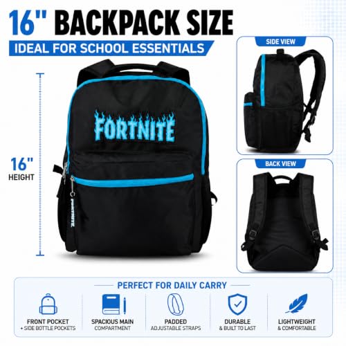 Fortnite Backpack for Kids & Adults, 16” Bookbag with Fortnite Rubber Molded Flame Logo 3D Patch & Rubber Logo Dangle, Black