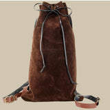 GORGECRAFT Medieval Backpack Drawstring Fibre Bag with PU Leather Straps and Alloy Clasps Portable Pouch for Viking LARP Renaissance Outdoor Activities Cosplay Gym Workout Saddle Brown 18x10.8 inch