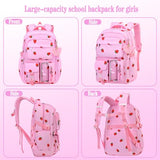 PIKBEAR Girls Backpack Set with Lunch Box & Pencil Case, Floral Print Girls School Backpack for Elementary/Middle/High School (Pink-Strawberry)