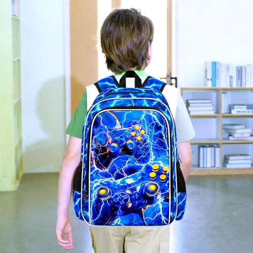 ZLYERT 3Pcs Gamer Backpack for Boy, 17" Lightning School Bookbag for Elementary Preschool Kindergarten, Kids School Thunder Backpacks with Lunch Box (Blue)